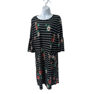 Mimi & Daphne Black Stripe Floral Short Bell Sleeve Midi‎ Dress Medium